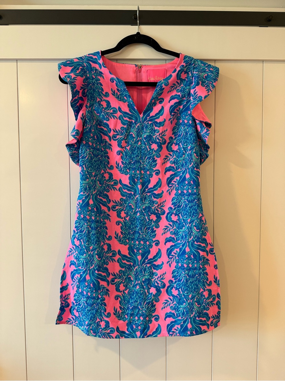 Lilly Pulitzer Pink Dress with Blue Floral Print and Ruffle Sleeves